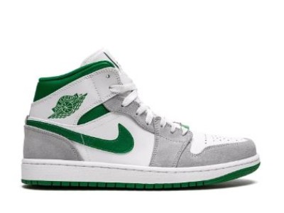 Color: Blanco con gris - Nike Air Jordan 1 Mid blanco con gris y logo verde.